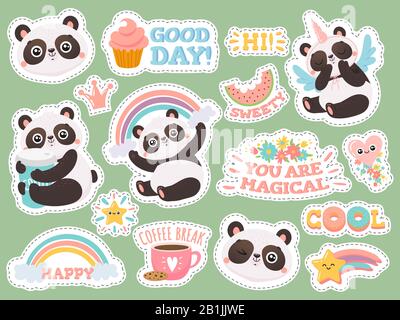 Simpatici adesivi per panda. Felice pandas patch, animali freschi e banda strizzone adesivo vettore illustrazione set Illustrazione Vettoriale