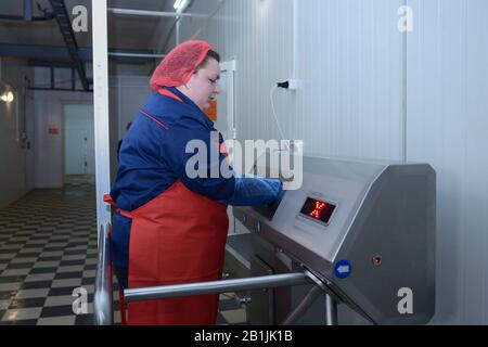 Presso la sala di ispezione sanitaria. Donna che disinfetta le mani prima di entrare nel locale di macellazione. Aprile 22, 2019. Kiev, Ucraina Foto Stock