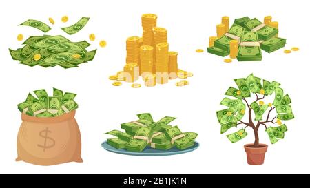 Cartone animato contanti. Pile di banconote in dollari verdi, monete d'oro ricche e paga. Sacchetto di contanti, vassoio con pile di fatture e set di illustrazioni del vettore dell'albero di soldi Illustrazione Vettoriale