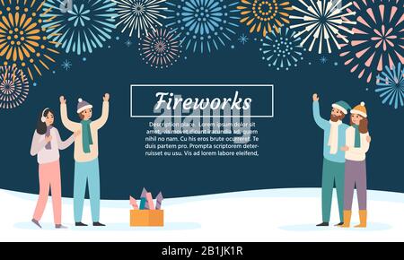 Amici che lanciano fuochi d'artificio. Gruppo di persone che festeggiano le vacanze e che guardano esplosioni di fuochi d'artificio vettore illustrazione Illustrazione Vettoriale