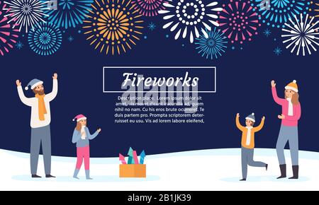 La famiglia guarda esplosioni di fuochi d'artificio. Coppia con i bambini che lanciano fuochi d'artificio, festeggiando le vacanze e il nuovo anno flyer vettore illustrazione Illustrazione Vettoriale