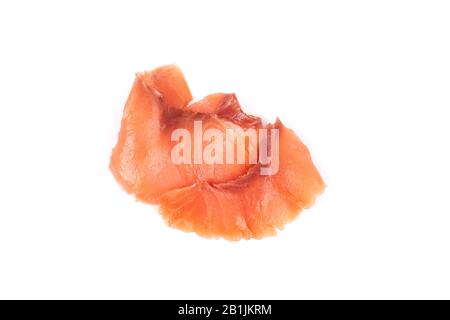 Fette di gustoso filetto di salmone isolato su sfondo bianco Foto Stock