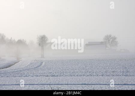 Elettricità pilone ai margini del villaggio in inverno, nevoso nebbioso paesaggio rurale alla luce del mattino, concetto per sognante, mistico e agricolo Foto Stock