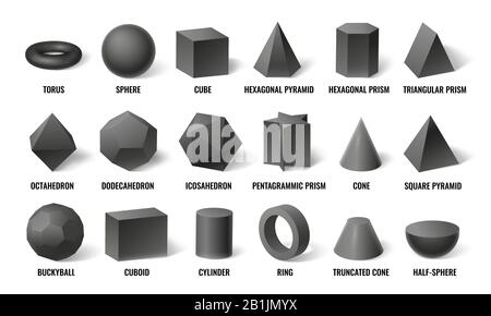 Forme di base 3d realistiche. Forma della sfera con ombra, geometria del cubo e modello del prisma nel set di illustrazioni vettoriali del concetto di prospettiva Illustrazione Vettoriale