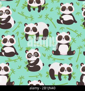 Panda e bambù senza cuciture modello. Simpatici animali da compagnia, orso selvaggio foresta di bambù e baby panda illustrazione vettore sonno Illustrazione Vettoriale