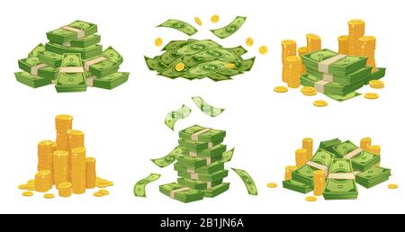 Denaro e monete cartoon. Pile di banconote in dollari verdi, monete d'oro e ricco set di illustrazioni vettoriali Illustrazione Vettoriale
