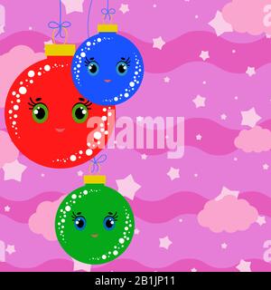 Set di palline di albero di Natale isolate di colore piatto. Grazioso cartone animato per la decorazione di cartoline e design. Illustrazione Vettoriale