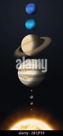 illustrazione 3d. confronto a grandezza intera dei pianeti del sistema solare Foto Stock