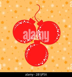 Set di silhouette piatte isolate di rosso Natale albero decorazioni palle su sfondo arancione con stelle Illustrazione Vettoriale