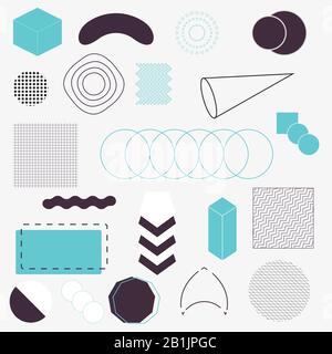 Set di forme geometriche. Memphis design, elementi retrò per web, vintage, pubblicità, banner commerciale, poster, opuscolo, cartellone, vendita. Forme geometriche vettoriali halftone alla moda. Illustrazione Vettoriale