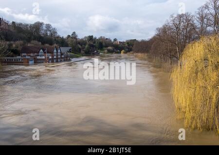 Shrewsbury, Shropshire 25 Febbraio 2020. Livelli d'acqua senza precedenti sul fiume Severn ha causato gravi inondazioni in tutta Shrewsbury. Foto Stock