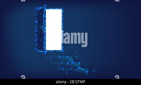 Passi per la porta bianca. Aprire lo sportello di forma poligonale. Illustrazione di triangoli e punti. Sullo sfondo di un bellissimo blu scuro cielo notturno. Design per vari su Foto Stock