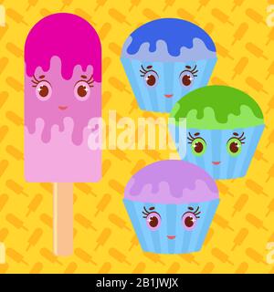 Set di torte di cartone animato isolate colorate piatte condite con smalto blu, verde, viola. I cestini a strisce. Popsicle rosa su un bastone di legno sorridente. Illu Illustrazione Vettoriale