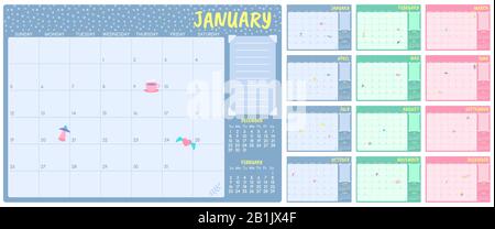 Modello di pianificatore mensile carino. Calendario bambini, semplici pianificatori di mesi di anno e giorni di mese note pagine vettore set Illustrazione Vettoriale