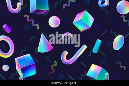 Astratto colorato blocchi geometrici 3D. Gradienti olografici VR forme poligonali, cyberspazio e futuristico sfondo vettoriale 80s memphis Illustrazione Vettoriale