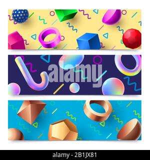 Banner con forme geometriche 3D astratte. Colorful 80s olografico 3D oggetti sfondo, arte moderna composizione banner frame set vettoriale Illustrazione Vettoriale