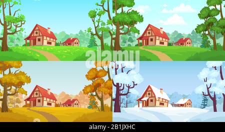 Cartoon casa in legno. Forest villaggio quattro stagioni paesaggi. Illustrazione vettoriale degli alberi primaverili, estivi, autunnali e invernali Illustrazione Vettoriale