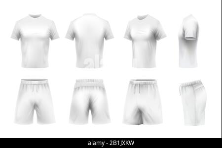 T-shirt realistica e pantaloncini mockup. Modello di t-shirt bianche, abbigliamento sportivo uniforme 3d set vettoriale Illustrazione Vettoriale
