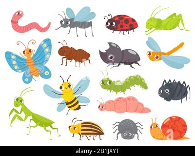 Insetti carini del cartone animato. bruco divertente e farfalla, insetti bambini, zanzara e ragno. Cavalletta verde, formica e set di illustrazioni vettoriali ladybug Illustrazione Vettoriale