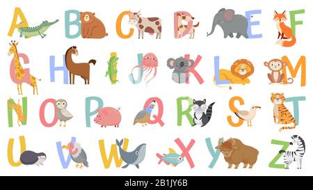 Cartoni animati alfabeto animali per bambini. Impara le lettere con gli animali divertenti, lo zoo ABC e l'alfabeto inglese per i bambini illustrazione vettoriale Illustrazione Vettoriale