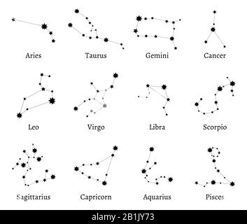 Costellazioni zodiacali. Date del calendario zodiacale, oroscopo astrologico e serie di illustrazioni vettoriali dei segni delle stelle Illustrazione Vettoriale