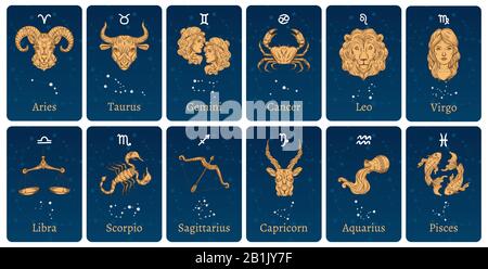 Costellazioni e segni zodiacali. Carte oroscopo con stelle di costellazione, simboli di schizzo zodiaco decorativo insieme di illustrazioni vettoriali Illustrazione Vettoriale