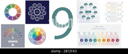 Sette modelli per l'infografica moderna a 9 posizioni Illustrazione Vettoriale
