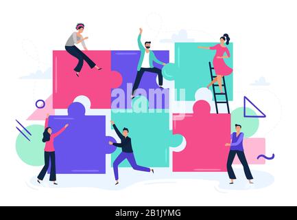 Lavoro di squadra di puzzle. La gente lavora insieme e collega pezzi di puzzle, lavoro di ufficio lavoratori squadra cooperazione piatto vettore illustrazione Illustrazione Vettoriale