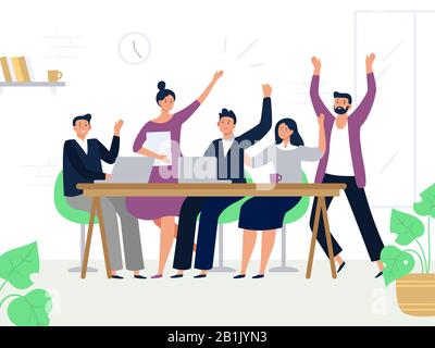 Il team dei lavoratori in ufficio è entusiasta. I manager di successo, il gruppo di lavoro professionale e i colleghi si rallegrano insieme. Illustrazione vettoriale piatta del lavoro di squadra Illustrazione Vettoriale