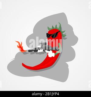 Peperoncino piccante rosso con pistola da fuoco semplice disegno vettoriale piatto. Illustrazione Vettoriale