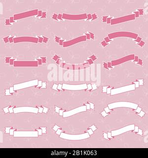 Set di silhouette piatte rosa e bianco nastri isolati striscioni su uno sfondo chiaro Illustrazione Vettoriale