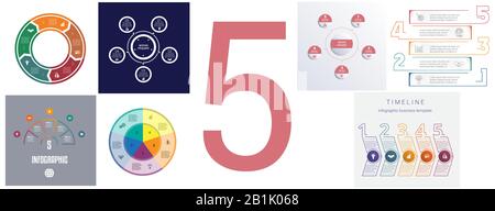 Sette modelli per l'infografica moderna a 5 posizioni Illustrazione Vettoriale