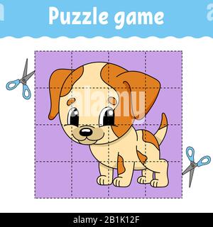 Puzzle game per l'educazione dei bambini. Foglio di lavoro per lo sviluppo dell'istruzione. Gioco per bambini. Pagina attività. Puzzle per bambini. Indovinello per lo prescolare. Semplice piatto i Illustrazione Vettoriale
