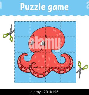 Puzzle game per bambini . Foglio di lavoro per lo sviluppo dell'istruzione. Imparare il gioco per i bambini. Pagina attività. Per il bambino. Indovinello per lo prescolare. Semplice isola piatta Illustrazione Vettoriale