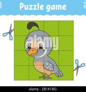 Puzzle game per bambini . Foglio di lavoro per lo sviluppo dell'istruzione. Imparare il gioco per i bambini. Pagina attività. Per il bambino. Indovinello per lo prescolare. Semplice isola piatta Illustrazione Vettoriale