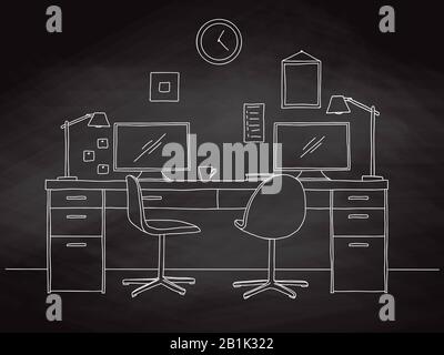 Aprire lo spazio in ufficio. I luoghi di lavoro esterni. Tavoli, sedie. Illustrazione Vettoriale in uno schizzo di stile. Illustrazione Vettoriale