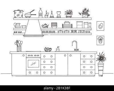 Cucina disegnata a mano. Mobili da cucina. Illustrazione vettoriale nello stile di schizzo. Illustrazione Vettoriale