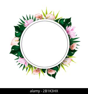 Carta floreale acquerello con branchi verdi. Illustrazione disegnata a mano. Cornice per matrimoni. Bouquet con fiori di ibisco con petali rosa, foglie tropicali Foto Stock