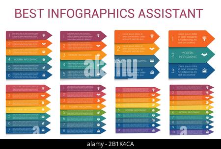 Modelli infografiche frecce orizzontali colorate linee 3, 4, 5, 6, 7, 8, 9, 10 posizioni per il testo Illustrazione Vettoriale