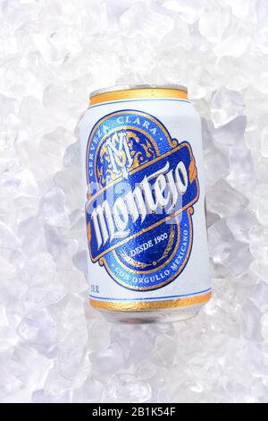 Irvine, California - 15 AGOSTO 2016: Montejo Beer Can su ghiaccio. Montejo fu fondata nel 1900 da Jose Ponce Solis a Merida, Yucatan, Messico. Foto Stock
