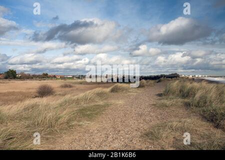 Lungo la costa di Walberwick con Southwold sullo sfondo, , Suffolk, Regno Unito Foto Stock