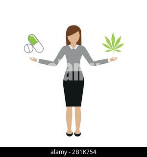 La donna contiene compresse in una foglia di cannabis nell'illustrazione del vettore dell'altra mano EPS10 Illustrazione Vettoriale