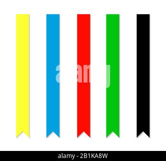 Set di nastri decorativi. Nastri gialli, blu, rossi, verdi e neri isolati su sfondo bianco. Illustrazione Vettoriale