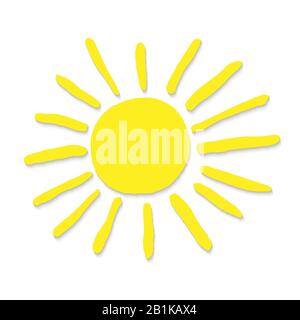 Sole disegnato a mano. Sole giallo isolato su sfondo bianco. Illustrazione Vettoriale