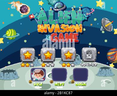 Modello di gioco con invasione aliena nell'illustrazione dello spazio Illustrazione Vettoriale