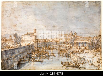 Canaletto, disegno paesaggistico, Padova: Il fiume Bacchiglione e la porta Portello, circa 1750-1760 Foto Stock