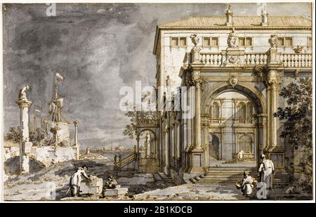 Canaletto, Capriccio, un palazzo con un cortile vicino alla laguna, disegno, circa 1750-1755 Foto Stock