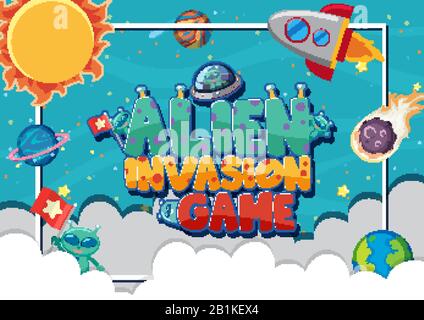 Poster design per l'invasione aliena gioco con alieni in background illustrazione Illustrazione Vettoriale