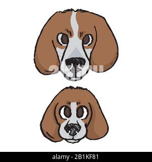 Carino cartone animato foxhound cucciolo e adulto caccia cane viso vettore clipart. Pedigree kennel bambino razza pecorina per gli amanti del cane. Doggy rosso purebed per il salotto dell'animale domestico Illustrazione Vettoriale