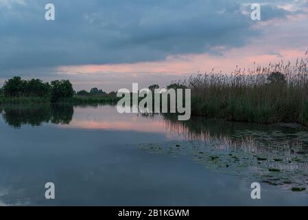 alba paesaggi dal fiume Mincio, Mantova, Italia Foto Stock